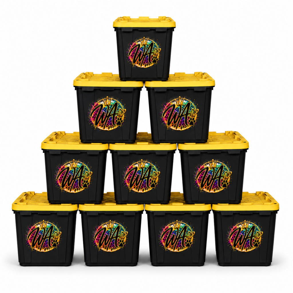 Stack of ten black storage totes with yellow lids, featuring colorful logos, representing a medium rental package.