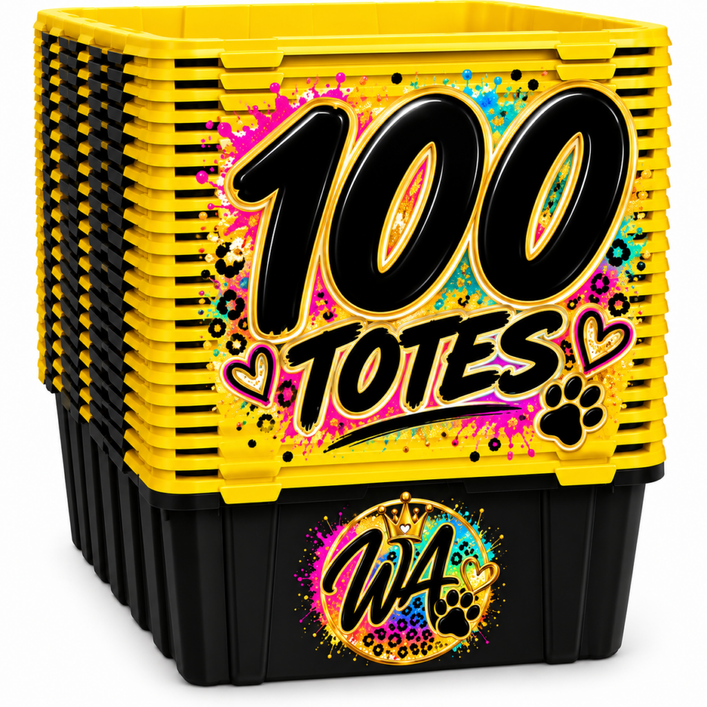 Colorful stack of yellow and black totes labeled "100 TOTES," promoting a medium package rental for two weeks.