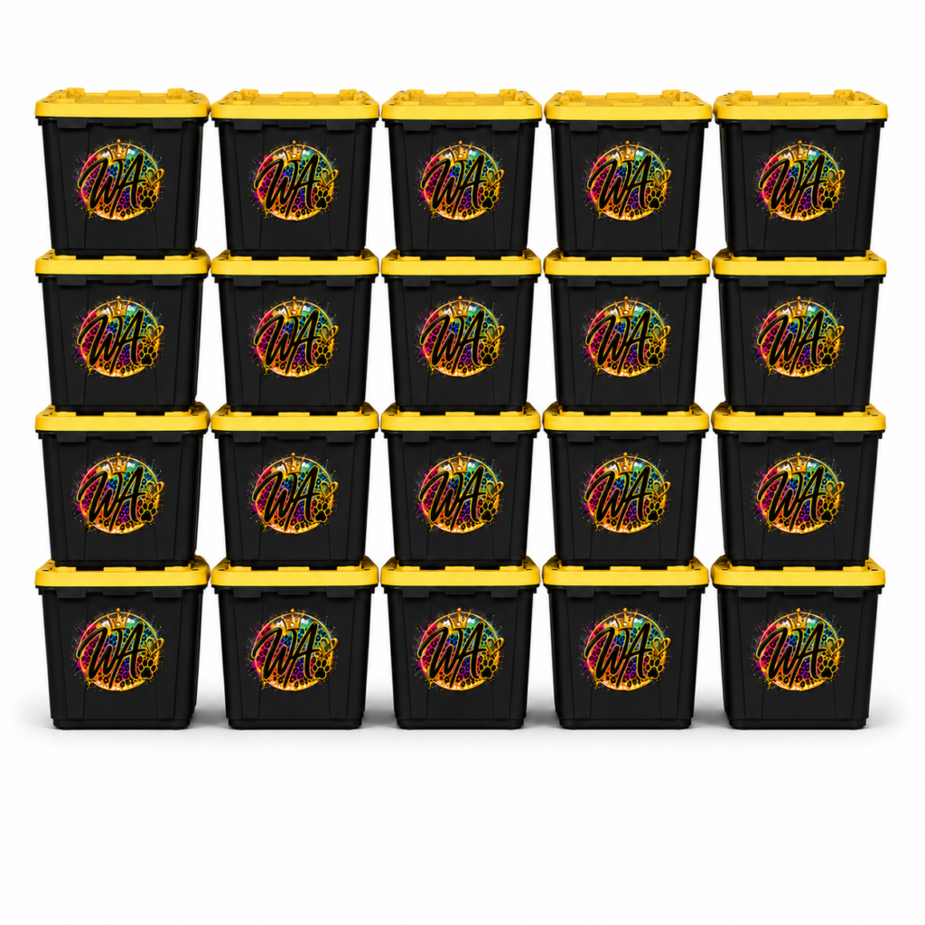 Thirty black storage totes with yellow lids, featuring a colorful logo, arranged in a stacked formation.