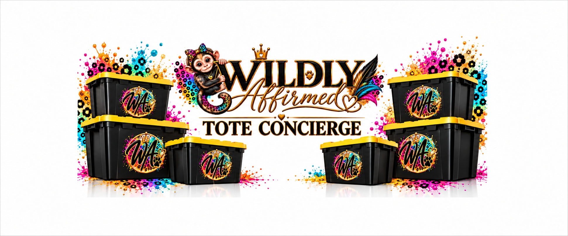 Colorful graphic featuring multiple black totes with yellow lids and a playful monkey logo, promoting a tote concierge service.