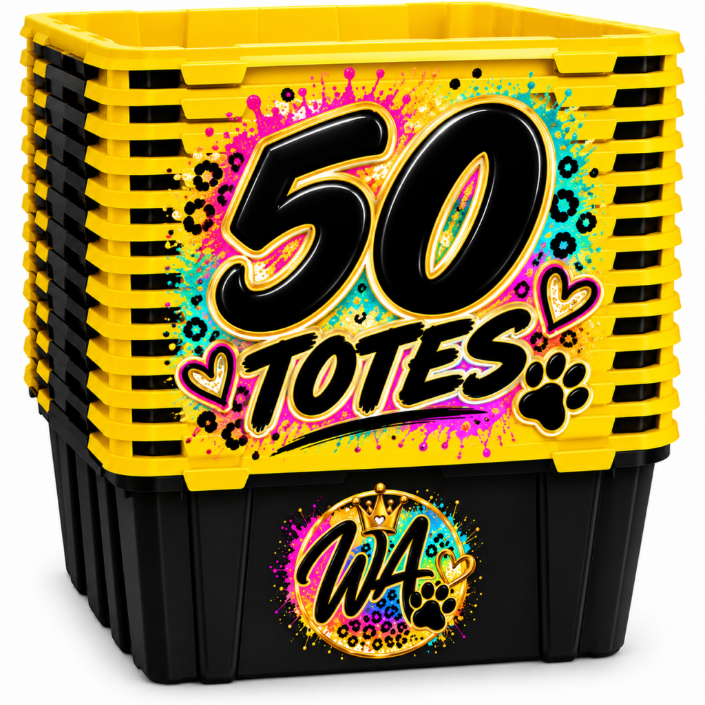 Brightly colored stack of 50 yellow and black totes, promoting a medium package rental for two weeks.