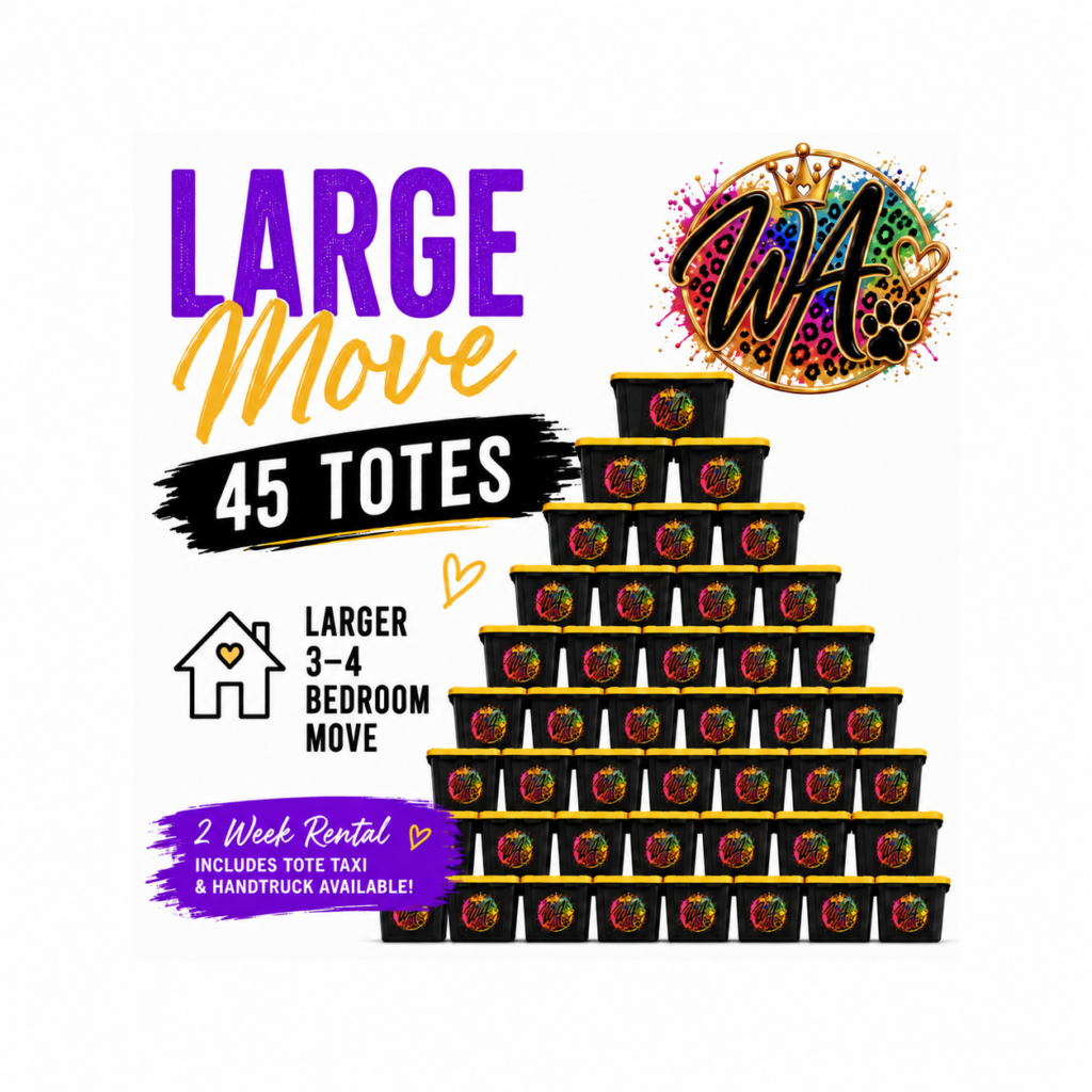 Large moving package featuring 45 totes for a 3-4 bedroom move, available for a two-week rental with additional services.