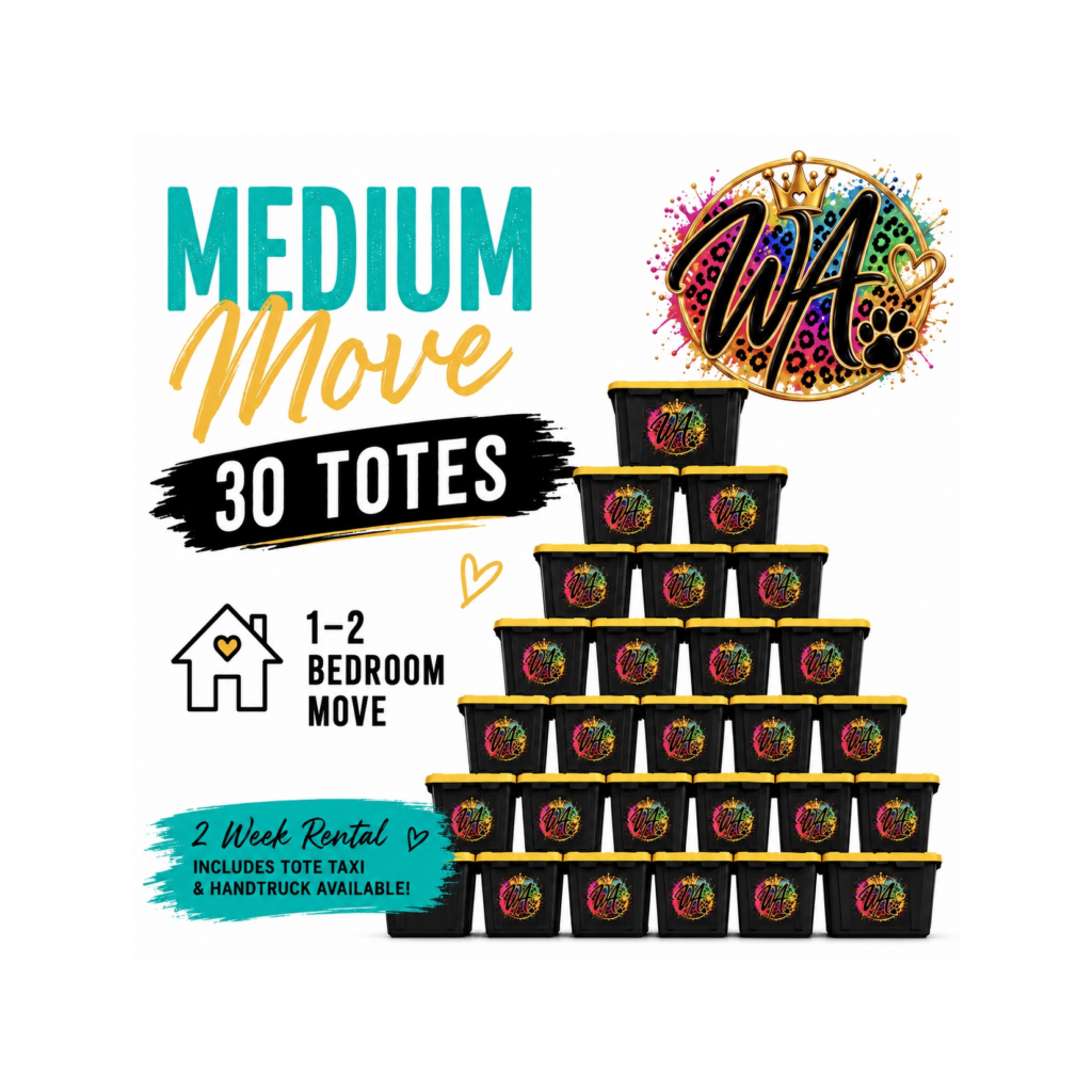 Medium package rental includes 30 totes for a 1-2 bedroom move, available for two weeks with tote taxi and hand truck.