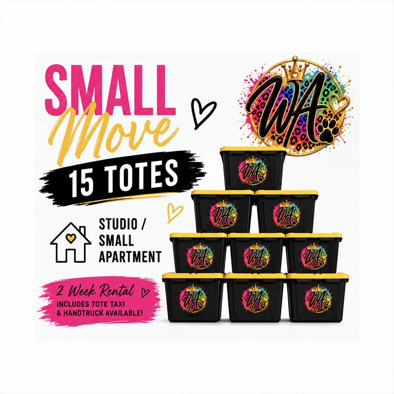 Small move package featuring 15 colorful totes for studio or small apartment rentals, available for two weeks.